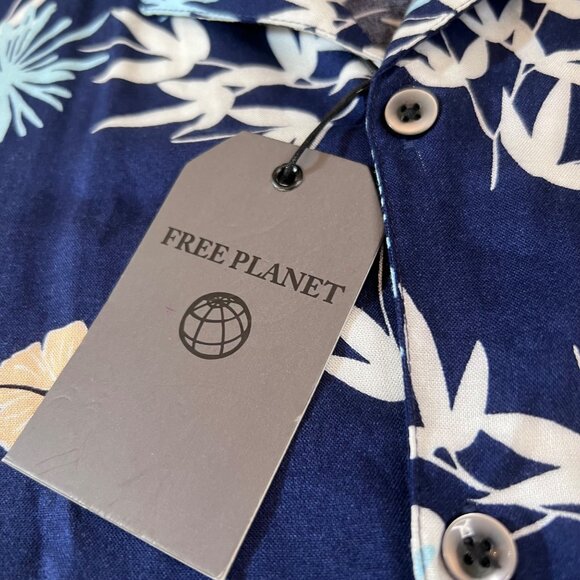 Free Planet Mens XL Navy Floral Hawaiian Short Sleeve Button-Up Shirt - Picture 6 of 7